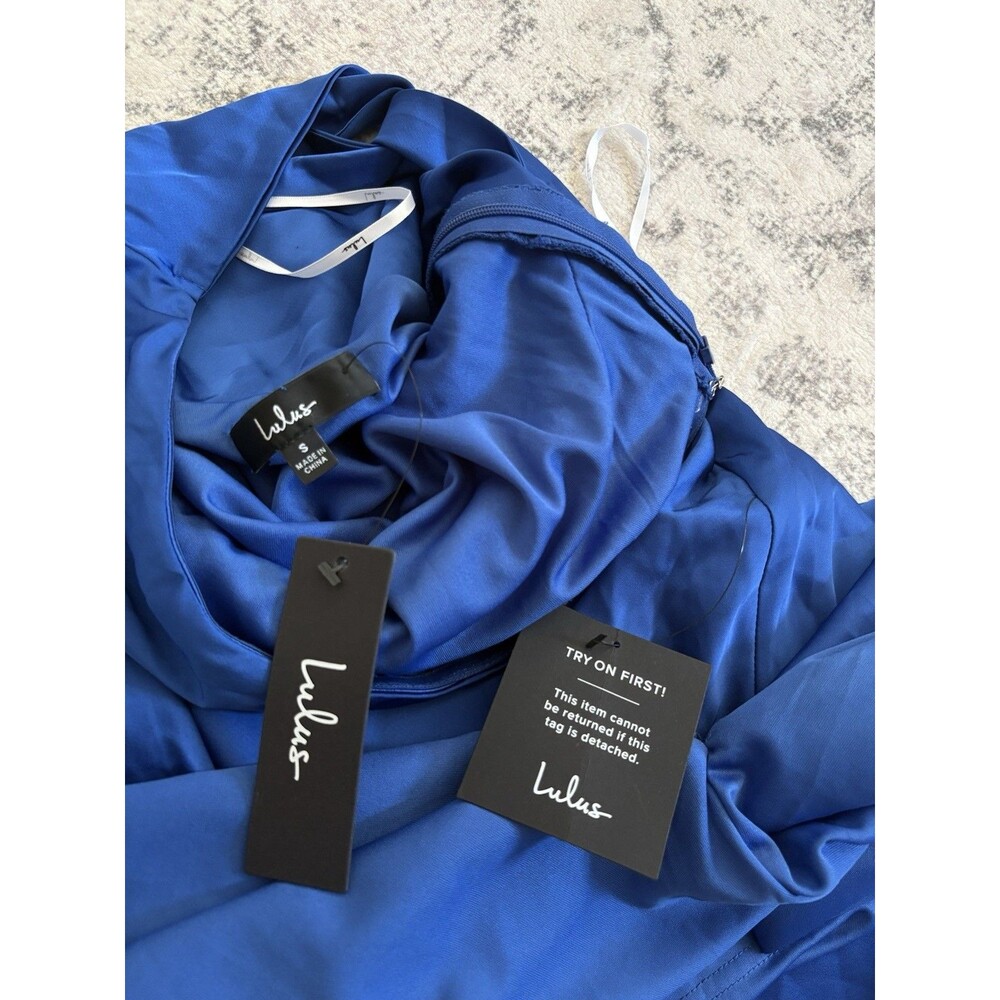 Lulus Effortless Bliss Royal Blue Satin Strapless Cowl Back Midi Dress Small NWT - Picture 4 of 8